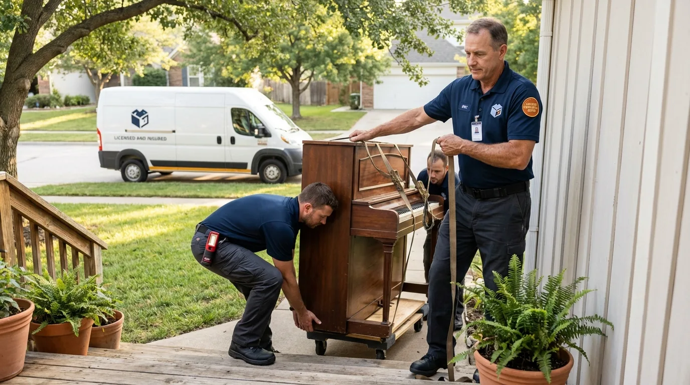 Licensed piano movers securing grand piano in Bristol, VA