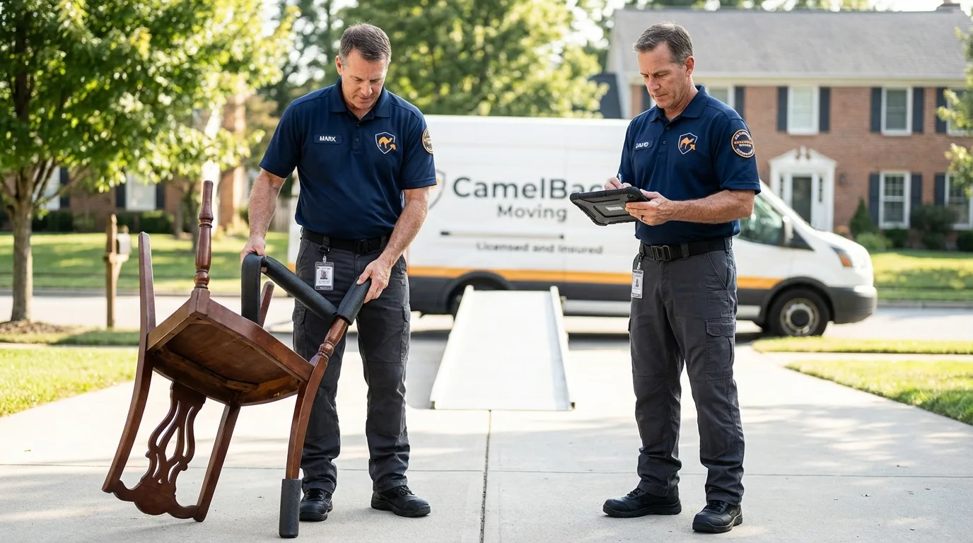 Movers inspecting furniture for damage prevention before loading in Bristol, VA